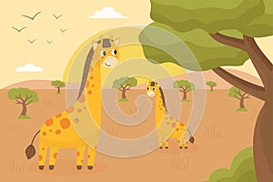 African and safari landscape with cute happy giraffes
