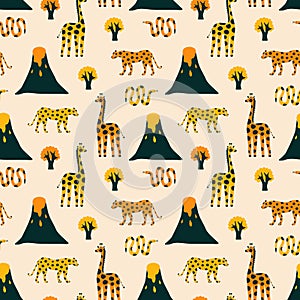 African safari landscape with leopard, giraffe, snake and volcano hand drawn vector illustration. Exotic animals seamless pattern.