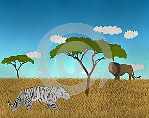 African safari with Lion and White Bengal Tiger