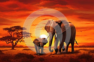 African safari scene with elephants in the savannah at sunset, African savannah captured at sunset with two elephants Loxodonta