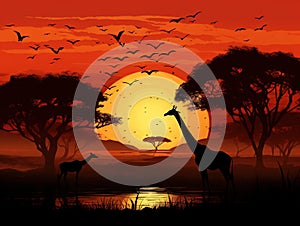 African Safari Sunset Silhouette Scene