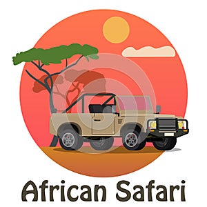 African Safari - Tourist jeep on the savanna