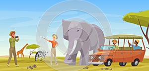 African safari travel adventure, man woman travelers making selfie photo with elephant