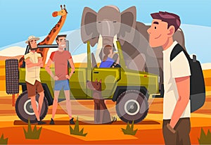 African Safari Travel, Tourists in Jeep Watching and Taking Photos of Wild Animals in Savanna Cartoon Vector