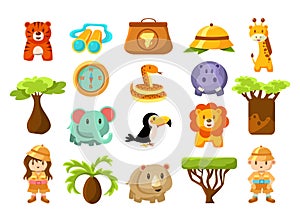 African Safari with Wildlife Animals and Travelers Character Big Vector Set