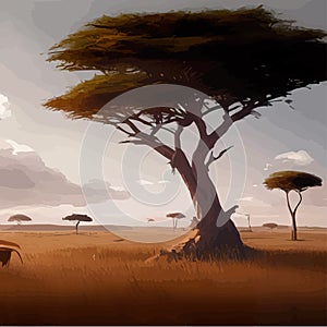 African savanna landscape, African wildlife cartoon with green trees, rocks