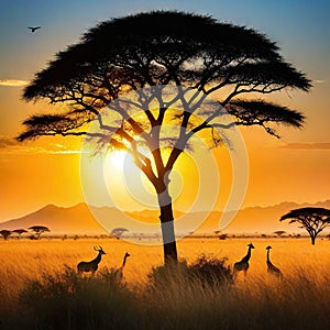 African savanna landscape at sunset with big wild animals and birds silhouettes view