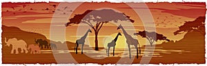 African savanna landscape at sunset, Silhouettes of animals and plants, nature of Africa. Reserves and national parks, batik
