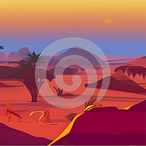 African savanna landscape, African wildlife cartoon with green trees, rocks
