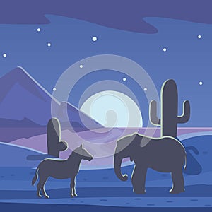 African savanna night landscape with silhouette of animals, vector poster. Elephants and zebra with cactuses. Dark blue