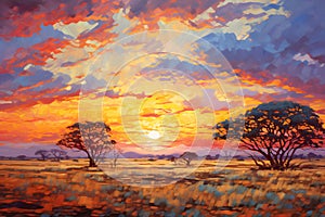 African savanna at sunset. Oil painting in the style of impressionism