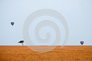 African savanna with tourists on a hot air balloon safari