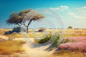 African savannah with acacia tree, sand dunes and blue sky