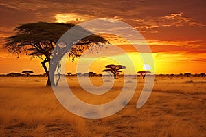 African savannah with acacia tree at sunset, Kenya, Africa, African savannah with acacia trees at sunset. Serengeti National Park
