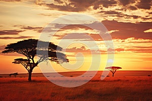 African savannah with acacia tree at sunset in Kenya, Africa, African savannah scene with acacia trees during sunset in Serengeti