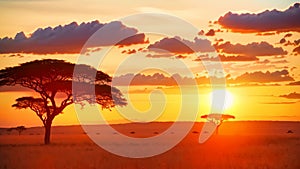 African savannah with acacia tree at sunset in Kenya, Africa, African savannah scene with acacia trees during sunset in Serengeti