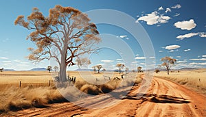 African savannah dry grass, acacia tree, sand dune, blue sky generated by AI