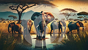 african savannah elephants with tree and sunset