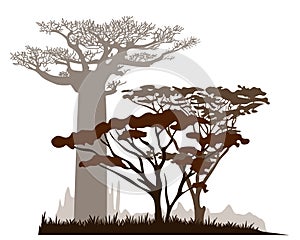 African savannah landscape with acacia and baobab tree silhouettes.
