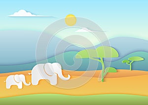 African savannah landscape with Elephants, mountains and trees. Trendy paper cuted style vector illustration.