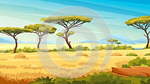 African savannah landscape, green trees, mountains
