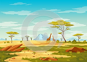 African savannah landscape, wild nature of Africa, cartoon background with green tree, rocks and plain grassland field