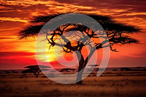 African savannah at sunset with acacia tree in Kenya, Africa, African savannah scene with acacia trees during sunset in Serengeti