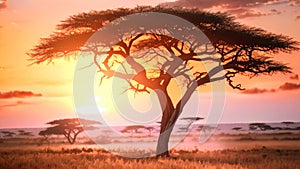 African savannah at sunset with acacia tree in Kenya, Africa, African savannah scene with acacia trees during sunset in Serengeti