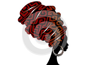 African scarf, portrait Afro woman in a geometri turban. Tribal Wrap fashion, Ankara, Kente, kitenge. Nigerian style dresses Ghana