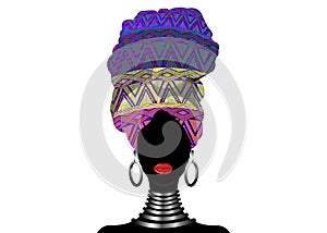 African scarf, portrait Afro woman in a geometric turban. Tribal Wrap fashion, Ankara, Kente, kitenge, African women dresses
