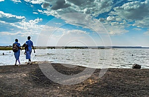 African school girls on the shores of Lake Victoria, Kenya