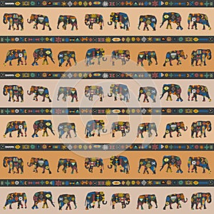 African seamless pattern with elephants and ethnic symbols
