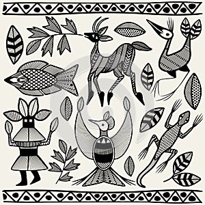 African Senufo Korhogo Tribal Ethnic Art Elements Vector Fabric Design