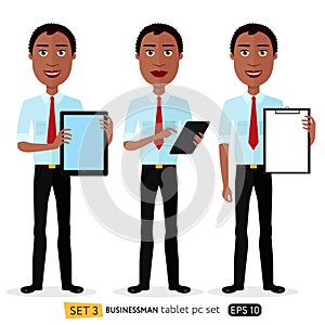 African smiling business cartoon man standing with tablet concept flat vector isolated on white