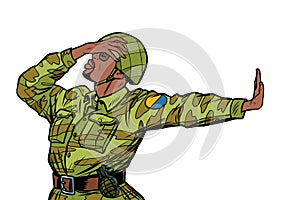 African soldier in uniform shame denial gesture no. anti militarism pacifist