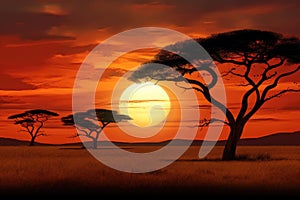 African sunset with acacia tree in Serengeti National Park, Tanzania, Sunset in the savannah of Africa with acacia trees, Safari