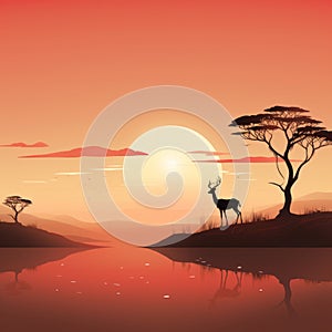 african sunset with a deer in the foreground and a tree in the background
