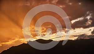 African sunset. Dramatic view of sunset over slopes of Bale mountains covered in Harenna forest, Ethiopia, Africa.