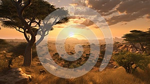 African Sunset Safari: Majestic Elephants Roaming Serene Savannah 3D Landscape.