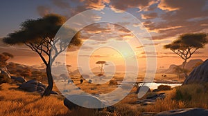 African Sunset Safari: Majestic Elephants Roaming Serene Savannah 3D Landscape.