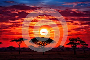 African sunset in Serengeti National Park, Tanzania, Africa, Sunset in savannah of Africa with acacia trees, Safari in Serengeti