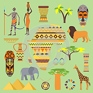 African symbols travel safari icon element set. African animals and people ethnic art south ancient design. Wildlife