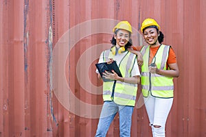 African teen black woman staff worker teamwork in port cargo shipping portait happy smile