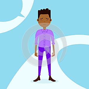 African teen boy character grieved hold phone male violet suit template for design work and animation on blue background photo