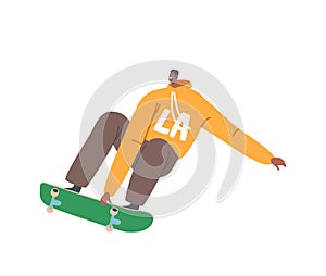 African Teen Boy Skateboarding Activity. Young Man Skating Longboard, Jump and Makes Stunts and Tricks, Skater Lifestyle