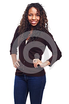African teen, girl and fashion portrait with confidence in studio with casual outfir and cosmetics. White background