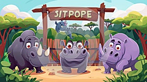 An african-themed zoo poster with an archway and a cute crocodile, hippo, rhino and tiger animal, modern illustration.