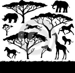 African trees and animals, set of silhouettes