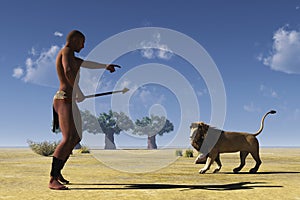 African tribal hunter and lion