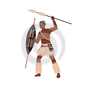 African tribal man holding spear and shield in hands. Young warrior of aboriginal tribe wearing traditional ethic